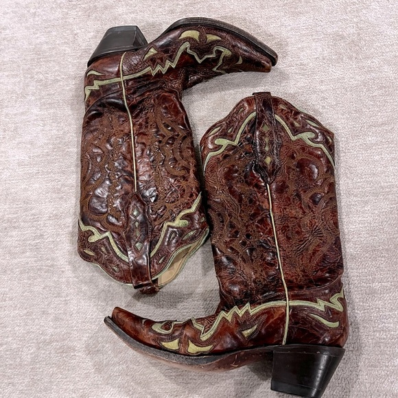 Corral Western Cowboy Boots Brown Tooled Leather Size 8 Horsegirl - Picture 4 of 7